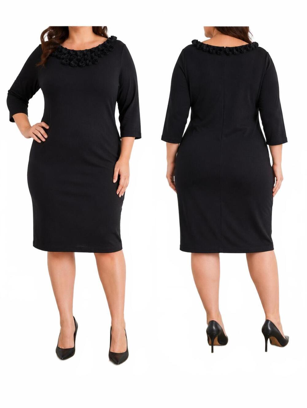 Talbots Black Jersey Knit Dress Sheath Style 3/4 Sleeve Midi Length Petal Appliq